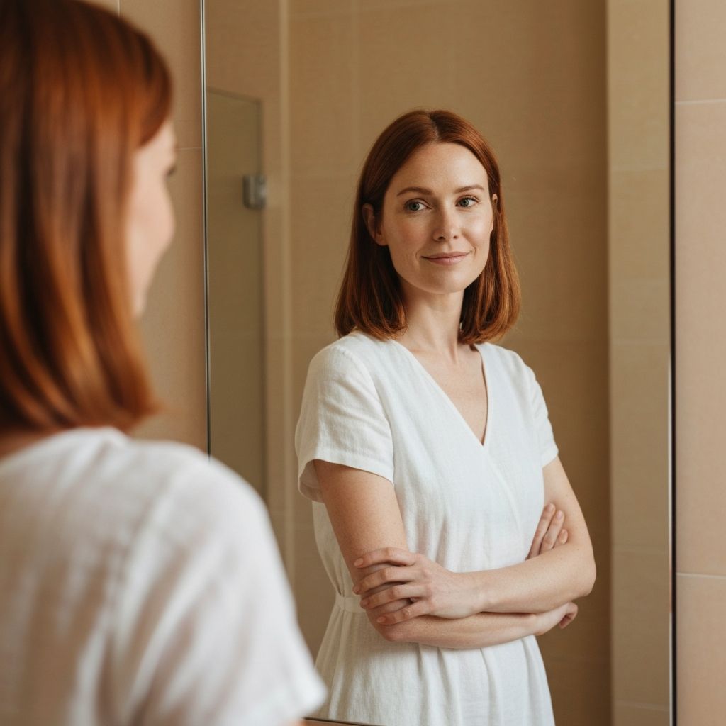 Mujer mirando su reflejo pensativa